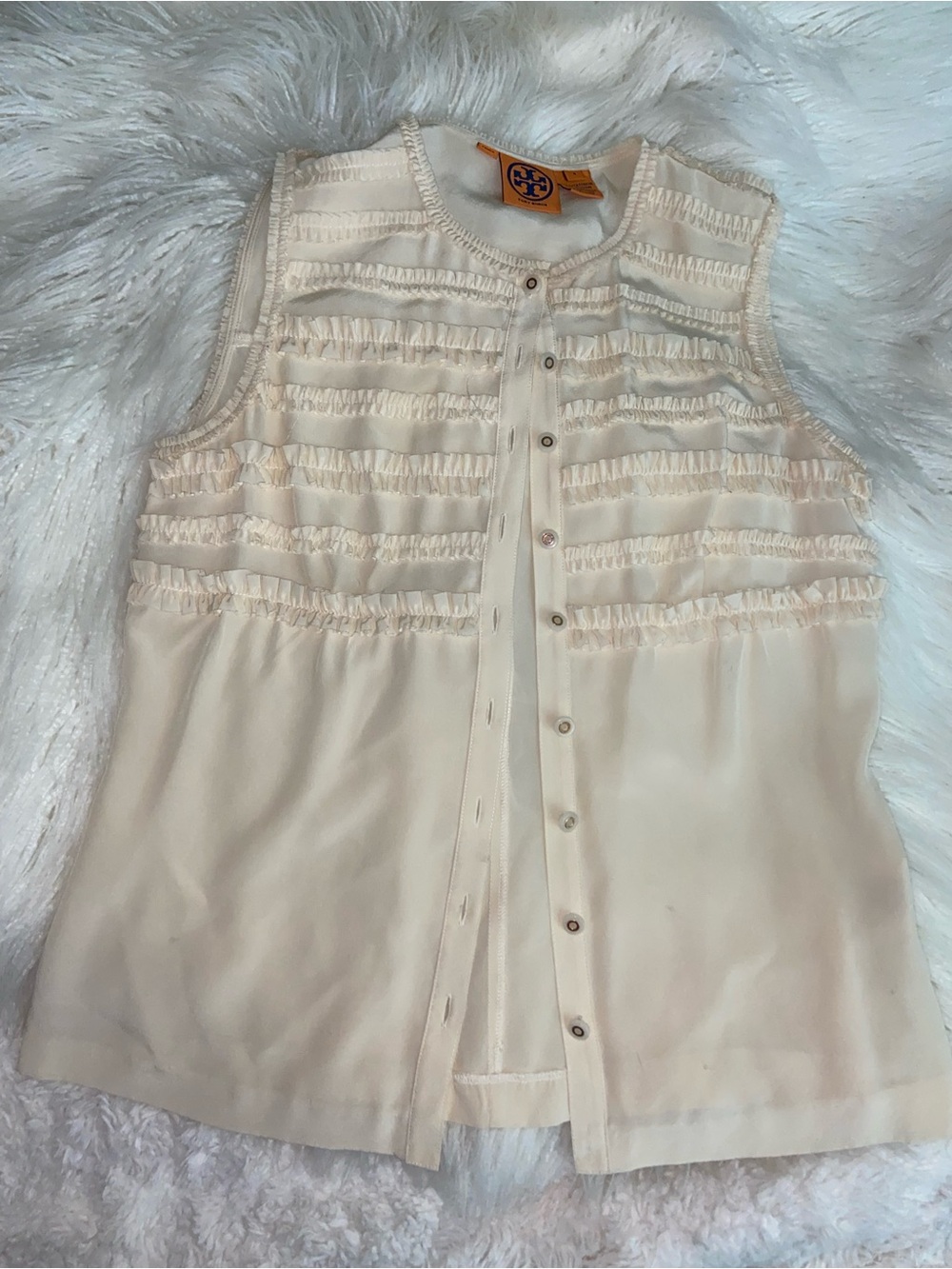 Tory Burch Cream Sleeveless Ruffle-Trim Button Front Blouse